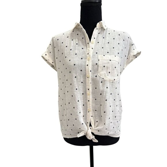 Old Navy Tie Front Top Women Sz S Polka Dot Linen Blend Button Down Cap Sleeve - Picture 2 of 8
